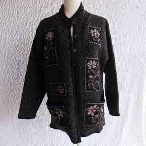 Icelandic Cardigan Sweater L 3D Black Brown Crewel Metal Buttons Hong Kong Lined